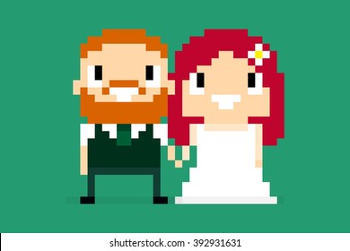 Pixel art characters, wedding couple holding hands and smiling, 8-bit redhead couple on green background