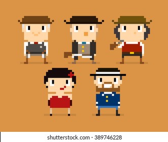 Pixel art characters, wild west, sheriff, soldier, cabaret girl