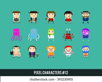 Pixel art characters, wild west, aliens and circus people