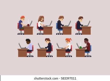 Pixel art characters working on their laptops, 8-bit office people