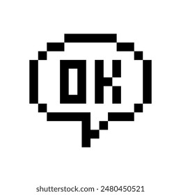 Pixel art chat bubble on speech bubble OK world. Pixel Feedback emoticon. Vector illustration