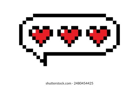 Pixel art chat bubble with  Pixel Red Hearts. Feedback emoticon. Vector illustration for Valentines day