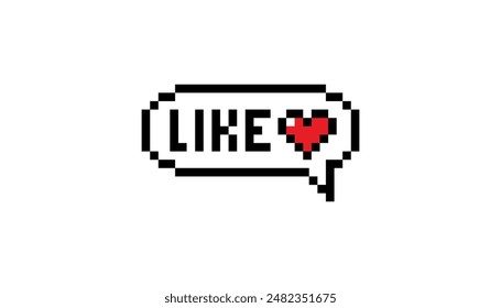 Pixel art chat bubble with Pixel Red Hearts and world Like. Feedback emoticon. Vector illustration for Valentines day