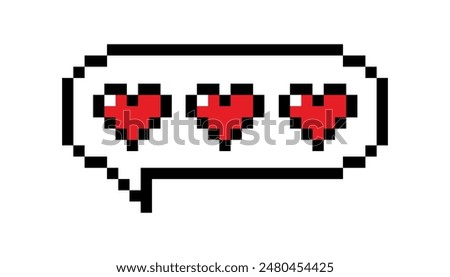 Pixel art chat bubble with  Pixel Red Hearts. Feedback emoticon. Vector illustration for Valentines day