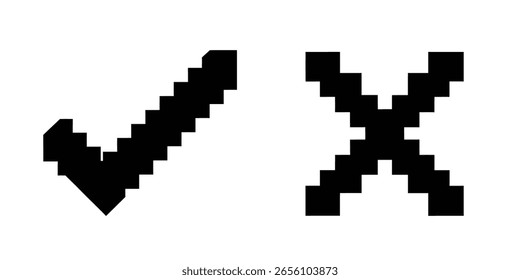 Pixel art check y marca cruzada icono de Vector Video establecido para 8 bits retro elemento de diseño de estilo de juego sí no símbolo de decisión para ui ux interfaz gráfica