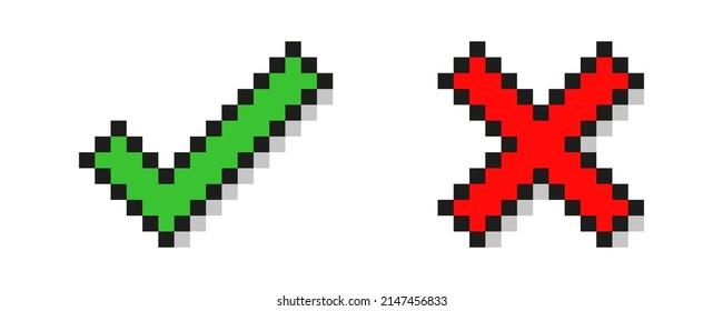 Pixel Art Check Mark And Cross Mark. Tick And Cross Sign. Isolated Vector Illustration.