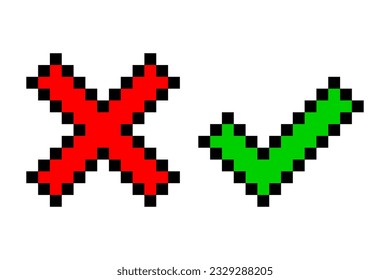 Pixel art check mark and cross mark. Tick and cross sign. Vector illustration. EPS 10.