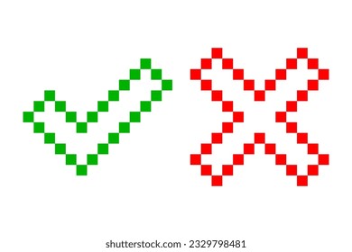 Pixel art check mark and cross mark. Tick and cross sign. Vector illustration. EPS 10.