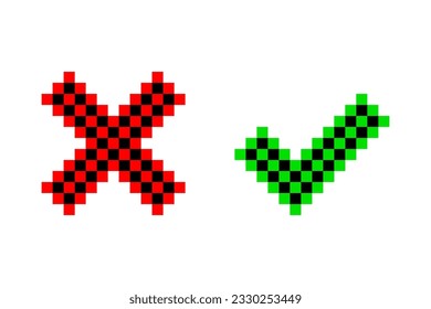 Pixel art check mark and cross mark. Tick and cross sign. Vector illustration. EPS 10.