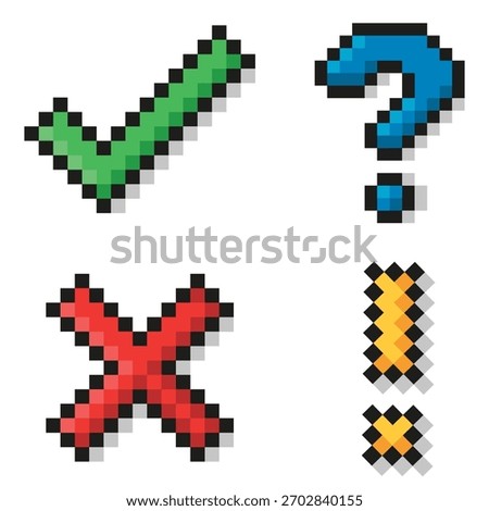 Pixel art, check mark, question mark, exclamation mark and cross. Check mark and cross sign. Isolated vector illustration.