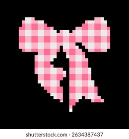 Pixel art checkered pink and white bow with a black background. design for all business