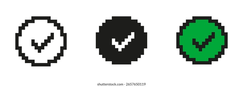 Pixel Art Checkmark En Círculo Conjunto De Iconos. Marca De Verificación Pixelada En El Interior, Símbolo De Aprobación O Finalización. Ilustración vectorial aislada.