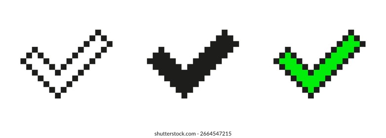 Pixel Art Conjunto de iconos de marca de verificación. Símbolos De Aprobación Y Confirmación En Estilo Pixelado. Incluye Variantes Blancas, Negras Y Verdes. Ilustración vectorial aislada.
