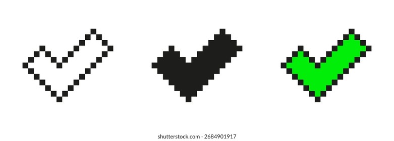 Pixel Art Conjunto de iconos de marca de verificación. Colección De Símbolo De Aprobación Y Confirmación. Incluye Variantes Blancas, Negras Y Verdes. Ilustración vectorial aislada.