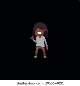 Pixel art cheerful african american girl wide smiling