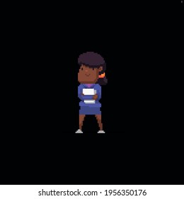 Pixel art cheerful african american in office suit holding papers