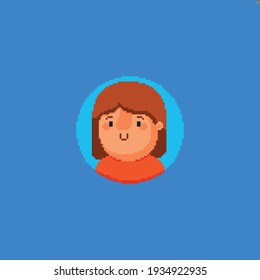 Pixel art cheerful cute female character avatar in blue circle on blue background
