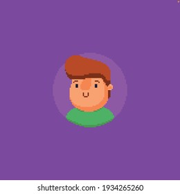 Pixel art cheerful male character in pink circle on violet background