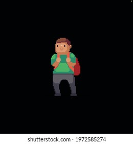 Pixel art cheerful male character with red backpack