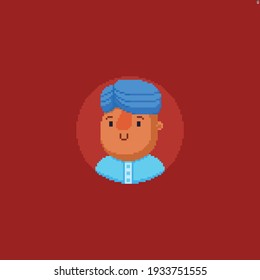 Pixel art cheerful male hindu character with turban on his head
