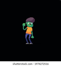 Pixel art cheerful zombie guy waving saying hi