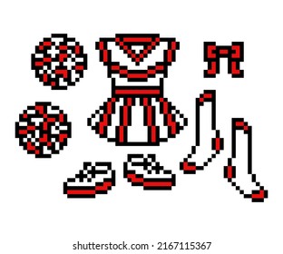 Pixel art cheerleader costume (dress, pom-poms, ribbon bow hair pin, socks, shoes) isolated on white background. 8 bit sport team support equipment. Retro 80's- 90's slot machine, video game graphics.