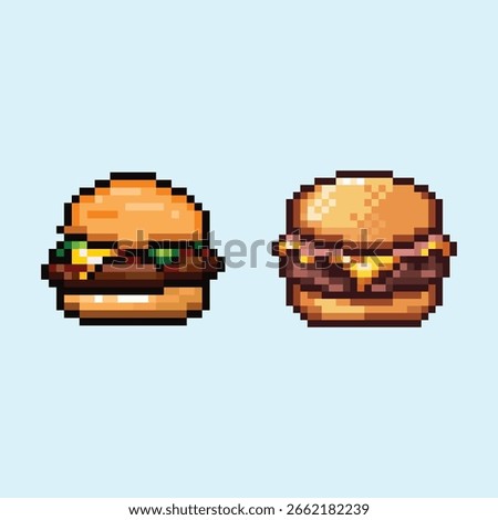 Pixel Art Cheeseburger and Hamburger Set. A set of two pixel art illustrations of cheeseburgers.