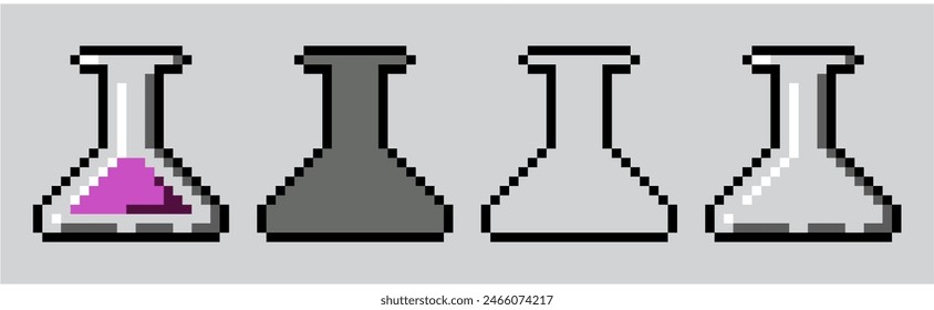 Pixel parte de botella química, poción Tubo de prueba químico. Tubo de vidrio. Plantilla en matraz. Recipiente de vidrio. Matraz de veneno. Juego retro de 8 bits y 16 bits