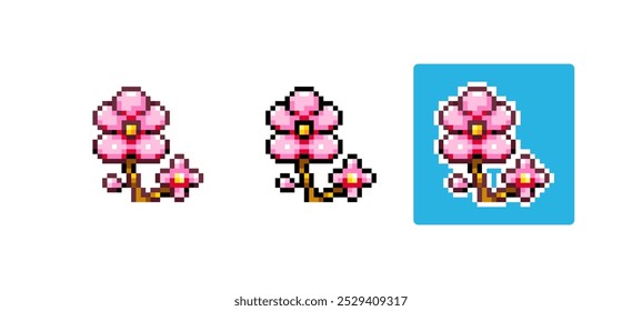 Pixel Art Cherry Blossom Icon Vetor Illustration. Adesivo Isolado Gráfico Flor Rosa. Retro 8 Bit Sakura para Video Game, Mobile, Web. Elemento Floral da Natureza da primavera. Ativo de arte digital