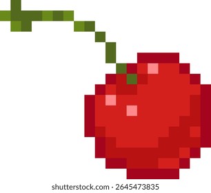 Pixel art cherry with a green stem. Cute minimal design, perfect for icons, UI elements and nostalgic video game-style illustrations. Vector format.