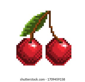 pixel art cherry icon, 32X32 vector illustration isolated on white background
