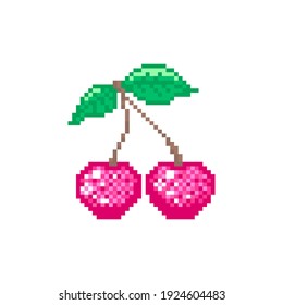 Pixel art cherry icon. Vector cute retro 8 bit picture of two sweet cherries with leaves. Pixel gean berry illustration for decoration, paper, textile. Gaming art natural cherry on a branch and leaf.