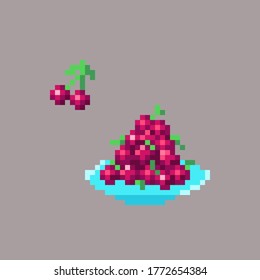 Pixelkunstkirschensymbole. Pixelbeeren sangen auf isoliertem Hintergrund. Vektorgrafik.