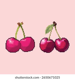 Pixel Art Cherry Set - 8-bit Fruit Icons. A set of charming 8-bit style pixel art cherries.