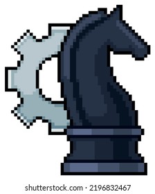 
Pixel art chess horse and gear. business strategies vector icon for 8bit game on white background 
