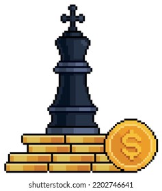 Pixel art chess king over stack of money and coins vector icon for 8bit game on white background