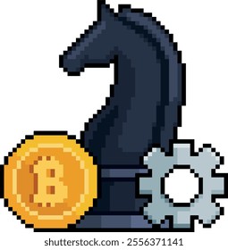 Pixel art chess knight with coin and gear in 8-bit style, investment strategy concept