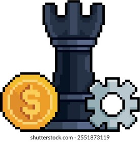 Pixel art of chess rook with coin and gear in 8-bit style on white background