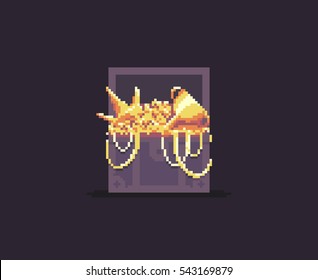 Pixel art chest with golden treasures: chains, crown, cup and coins