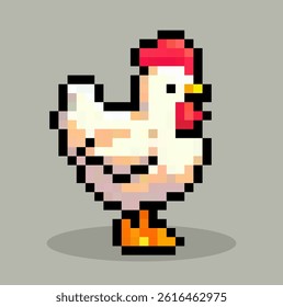 Pixel art of chicken character, vector.