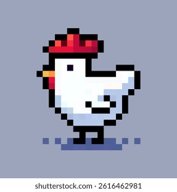 Pixel art of chicken character, vector.