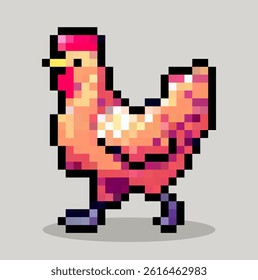 Pixel art of chicken character, vector.