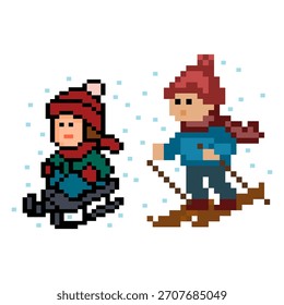 Pixel art child skiing in winter snow