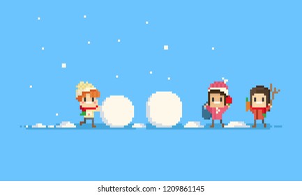 Pixel art children bulding them snowman.