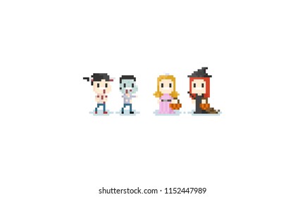 Pixel art children in halloween costume.8bit.