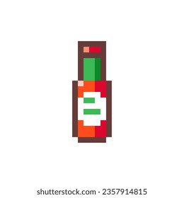 Pixel Art Chili Sauce. Retro 8 bit Style Fast Food Hot and spicy Chili Sauce Bottle Illustration. Ideal for Sticker, Retro Decorative Element, Game Asset, Emoji, Patch or Cute Geek Avatar.	