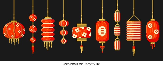 Pixel art Chinese decorative paper lanterns ornaments set. Vector 8 bit style collection of traditional festive chinese lanterns decorations. Isolated elements of retro game computer graphic.	