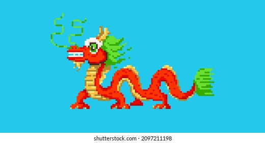 Pixel art chinese dragon icon. Vector 8 bit style illustration of asian traditional dragon. Isolated red and gold holiday decorative element for retro video game computer graphic.