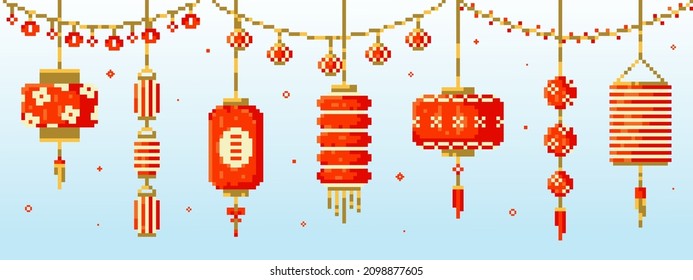 Pixel art Chinese new year paper lanterns ornaments set. Vector 8 bit style collection of Chinese hanging lanterns and lamps decorations. Isolated elements of retro video game computer graphic.