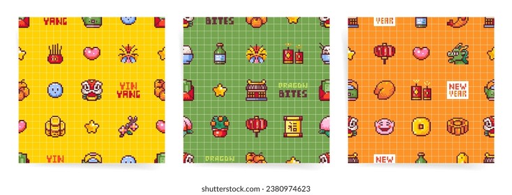 Pixel Art Chinese New Year Seamless Patterns Set. From Dragon and Lantern to Food and Fireworks. Vintage Modern Style Traditional Festival Designs for Wrapping, Wallpaper, and Cultural Backgrounds.